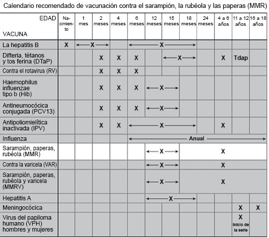 Calendario recomendado de vacunación contra el sarampión, la rubéola y las paperas (MMR)