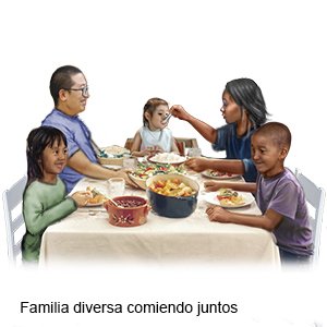 Familia diversa comiendo juntos