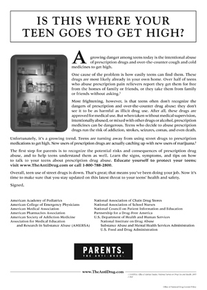 reproduction of print ad with photo of open medicine cabinet and headline: Is This Where Your Teen Goes To Get High?