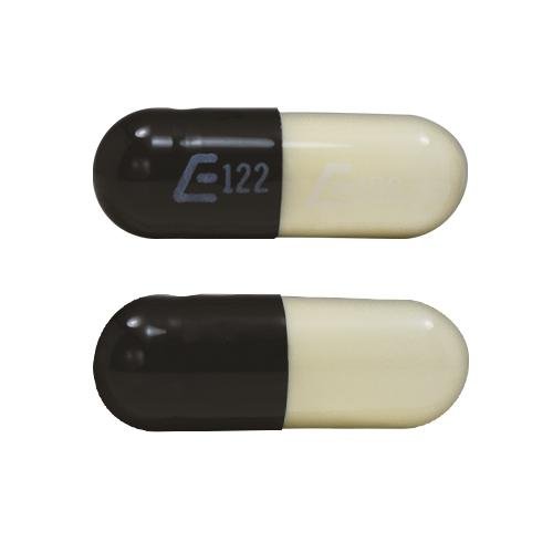 Pill E 122 E 122 Black & Yellow Capsule/Oblong is Nitrofurantoin (Monohydrate/Macrocrystals)