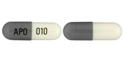 Pill APO 010 Gray & White Capsule/Oblong is Dilt-CD