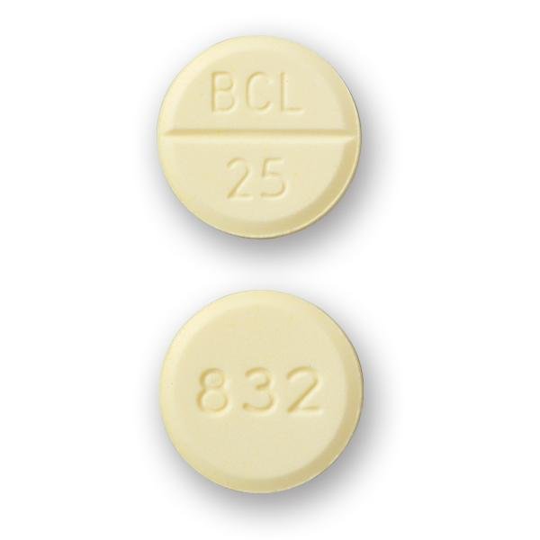 Pill 832 BCL 25 Yellow Round is Bethanechol Chloride