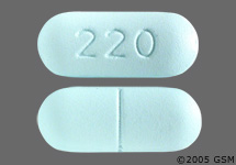 Pill 220 Blue Capsule/Oblong is Choline Magnesium Trisalicylate