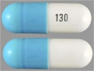 Pill 130 Blue & White Capsule/Oblong is Mycophenolate Mofetil