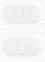 Pill LU P22 White Capsule/Oblong is Losartan Potassium