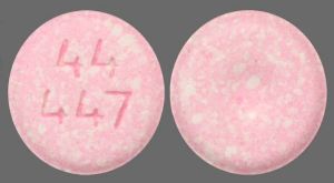 Pill 44 447 Pink Round is Acetaminophen Junior Strength (Chewable)