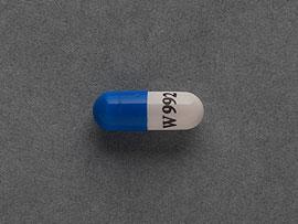 Pill W992 Blue & White Capsule-shape is Ziprasidone Hydrochloride
