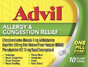 Advil Allergy and Congestion Relief chlorpheniramine maleate 4 mg / ibuprofen 200 mg / phenylephrine hydrochloride 10 mg (Advil A&CR)