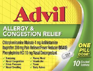 La píldora Advil A&CR es Advil Allergy and Congestion Relief maleato de clorfeniramina 4 mg / ibuprofeno 200 mg / clorhidrato de fenilefrina 10 mg