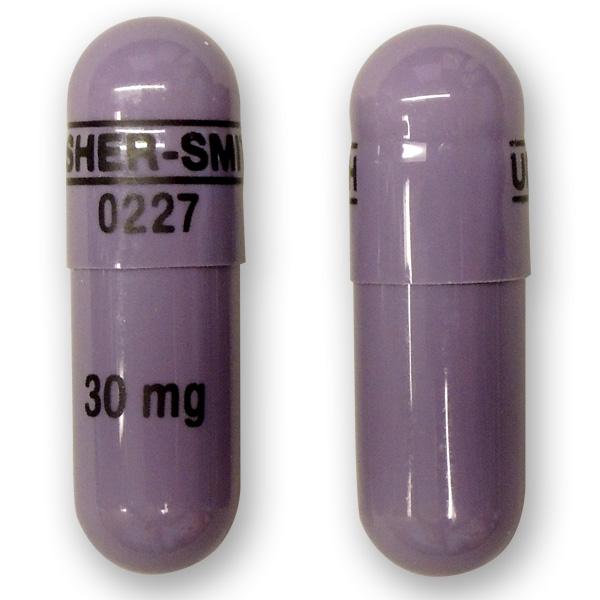 Pill UPSHER-SMITH 0227 30 mg Purple Capsule/Oblong is Morphine Sulfate Extended-Release