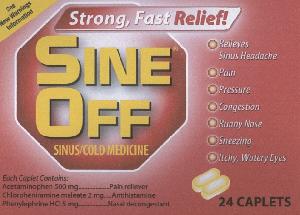 Pill Sine Off PE is Sine-Off Sinus/Cold acetaminophen 500mg / chlorpheniramine maleate 2mg / phenylephrine hydrochloride 5mg