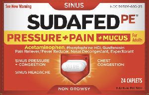 Sudafed PE pressure+pain+mucus acetaminophen 325 mg / guaifenesin 200 mg / phenylephrine hydrochloride 5 mg SU PE SU 02
