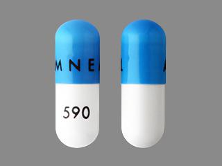Pill AMNEAL 590 Blue & White Capsule-shape is Calcium Acetate