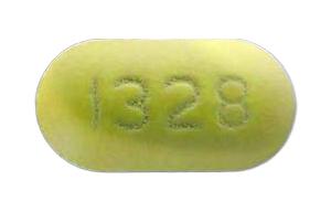 Pill 1328 Yellow Capsule/Oblong is Amlodipine Besylate, Hydrochlorothiazide and Valsartan