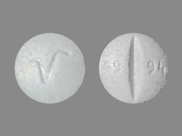 Pill V 49 94 Gray Round is Oxycodone Hydrochloride