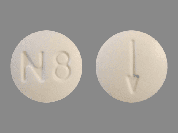 Pill N8 Logo (Arrow) White Round is Buprenorphine Hydrochloride and Naloxone Hydrochloride (Sublingual)