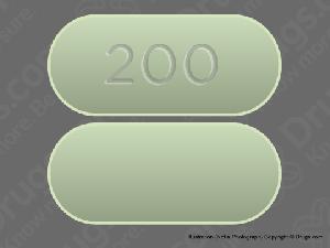 What is the long, yellow, oval pill with 200 on one side?