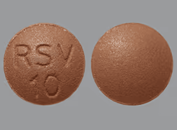 Pill RSV 10 Brown Round is Rosuvastatin Calcium