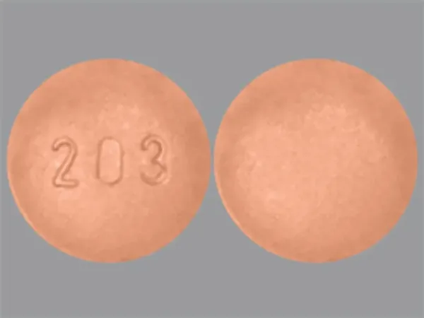 Pill 203 Peach Round is Darifenacin Hydrobromide Extended-Release