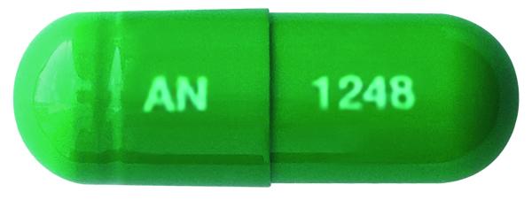 Pill AN 1248 Green Capsule/Oblong is Donepezil Hydrochloride and Memantine Hydrochloride Extended-Release
