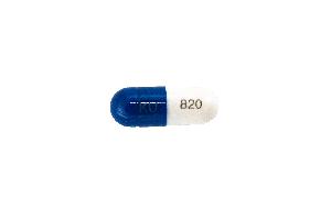 Pill KU 820 Blue & White Capsule-shape is Esomeprazole Magnesium Delayed-Release