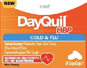 Pill DQHBP Orange Capsule/Oblong is Vicks DayQuil HBP Cold & Flu