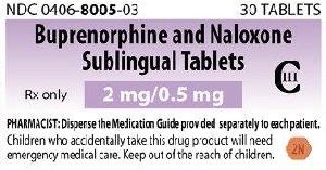 Buprenorphine hydrochloride and naloxone hydrochloride (sublingual) 2 mg (base) / 0.5 mg (base) M 2N