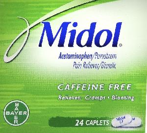 Pill Midol CF is Midol (Caffeine Free) acetaminophen 500 mg / pamabrom 25 mg