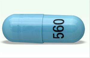 Pill 560 Blue Capsule/Oblong is Nitrofurantoin (Macrocrystals)