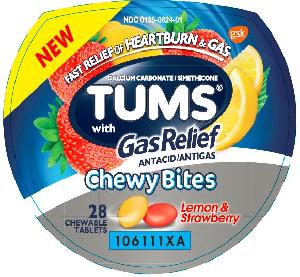 Pill T Red Round is Tums Chewy Bites with Gas Relief (Lemon & Strawberry)