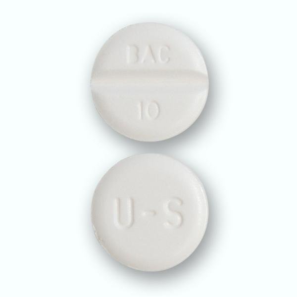 Pill U-S BAC 10 White Round is Baclofen