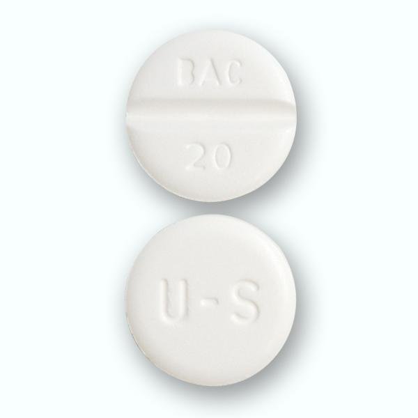 Pill U-S BAC 20 White Round is Baclofen