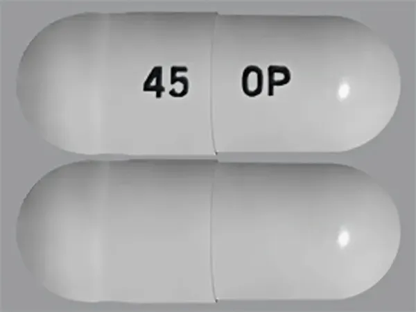 Pill 45 OP Gray Capsule/Oblong is Oseltamivir Phosphate