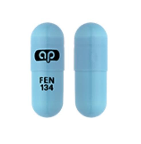 Pill ap FEN 134 Blue Capsule/Oblong is Fenofibrate (Micronized)