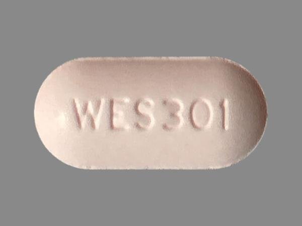 Pill WES 301 Peach Capsule/Oblong is Acetaminophen and Hydrocodone Bitartrate