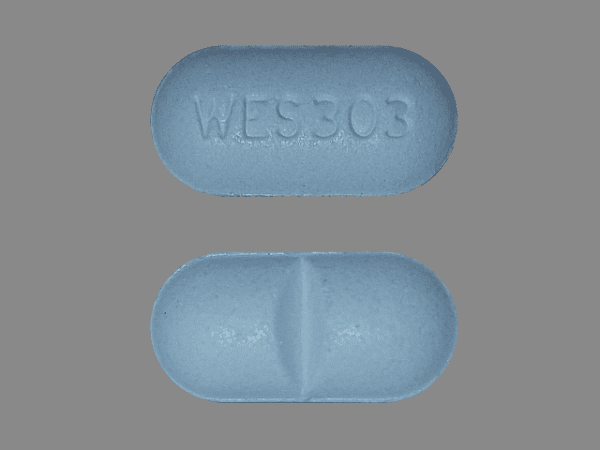 Pill WES 303 Blue Capsule/Oblong is Acetaminophen and Hydrocodone Bitartrate