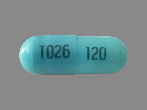 Pill T026 120 Blue Capsule/Oblong is Diltiazem Hydrochloride Extended-Release