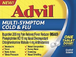 Pill Advil CF is Advil Multi-Symptom Cold & Flu chlorpheniramine maleate 4 mg / ibuprofen 200 mg / phenylephrine hydrochloride 10 mg