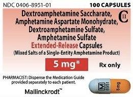Amphetamine and dextroamphetamine extended release 5 mg M 8951 5 mg