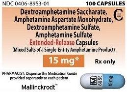 Pill M 8953 15 mg Blue & White Capsule/Oblong is Amphetamine and Dextroamphetamine Extended Release