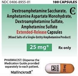 Amphetamine and dextroamphetamine extended release 25 mg M 8955 25 mg