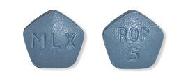 Pill MLX ROP 5 Blue Five-sided is Ropinirole Hydrochloride