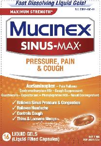 Mucinex sinus-max pressure, pain cough acetaminophen 325 mg / dextromethorphan HBr 10 mg / guaifenesin 200 mg / phenylephrine HCl 5 mg PC26