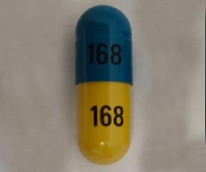 Pill 168 168 Blue & Yellow Capsule/Oblong is Fenofibric Acid Delayed-Release