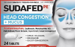 Sudafed PE head congestion + mucus acetaminophen 325 mg / guaifenesin 200 mg / phenylephrine hydrochloride 5 mg SU PE SU02