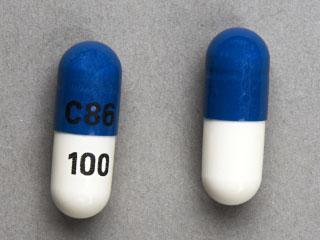 Pill C86 100 Blue & White Capsule/Oblong is Celecoxib