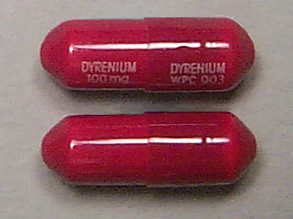 Pill DYRENIUM 100 mg DYRENIUM WPC 003 Red Capsule/Oblong is Triamterene