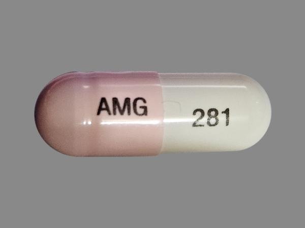 Pill AMG 281 Pink & White Capsule/Oblong is Amphetamine and Dextroamphetamine Extended-Release