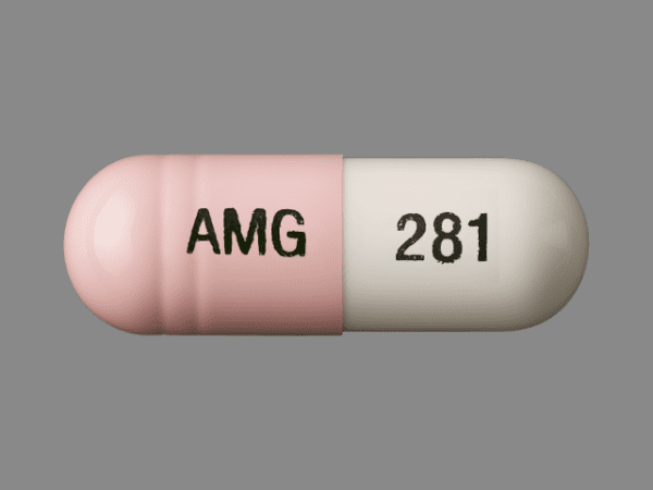 Pill AMG 281 Pink & White Capsule/Oblong is Amphetamine and Dextroamphetamine Extended-Release