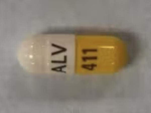 Pill ALV 411 White & Yellow Capsule/Oblong is Hydrocodone Bitartrate Extended-Release